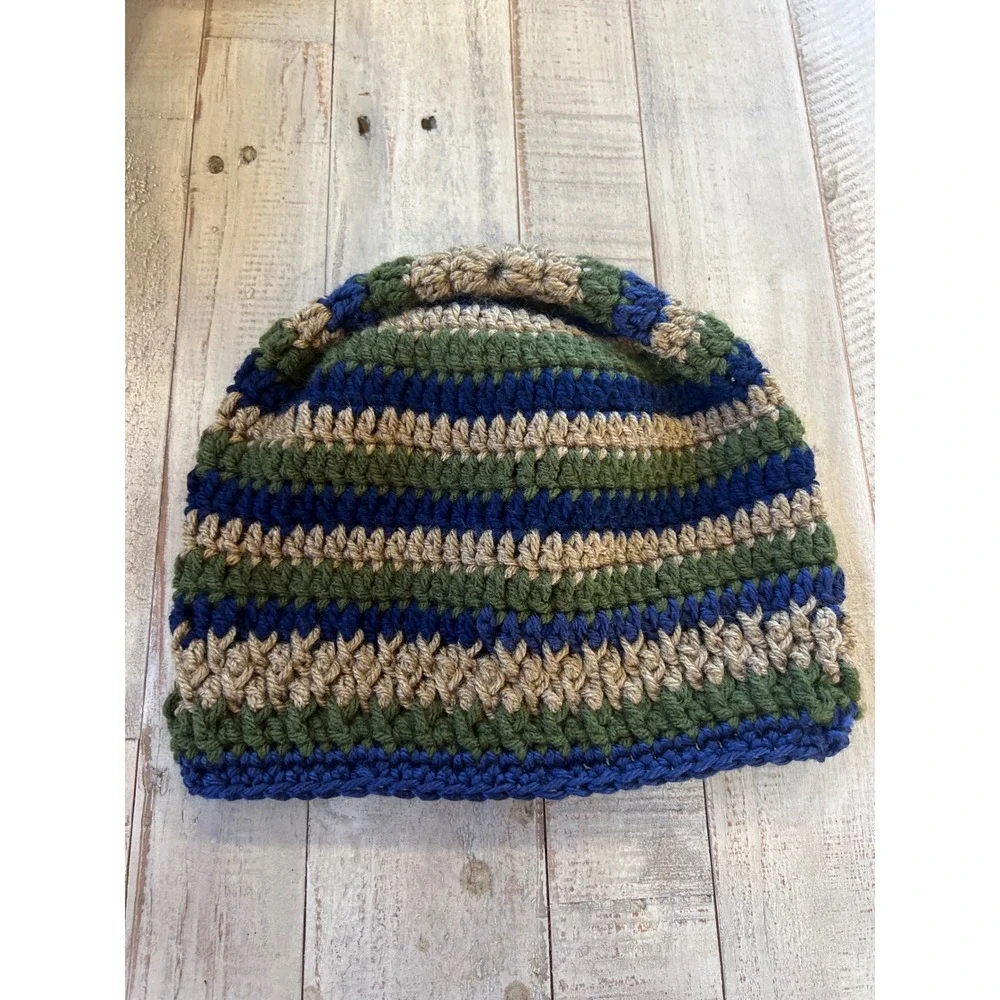 Handmade Crochet‎ Striped Beanie Hat Green Blue Tan Winter Knit Skull Cap Boho